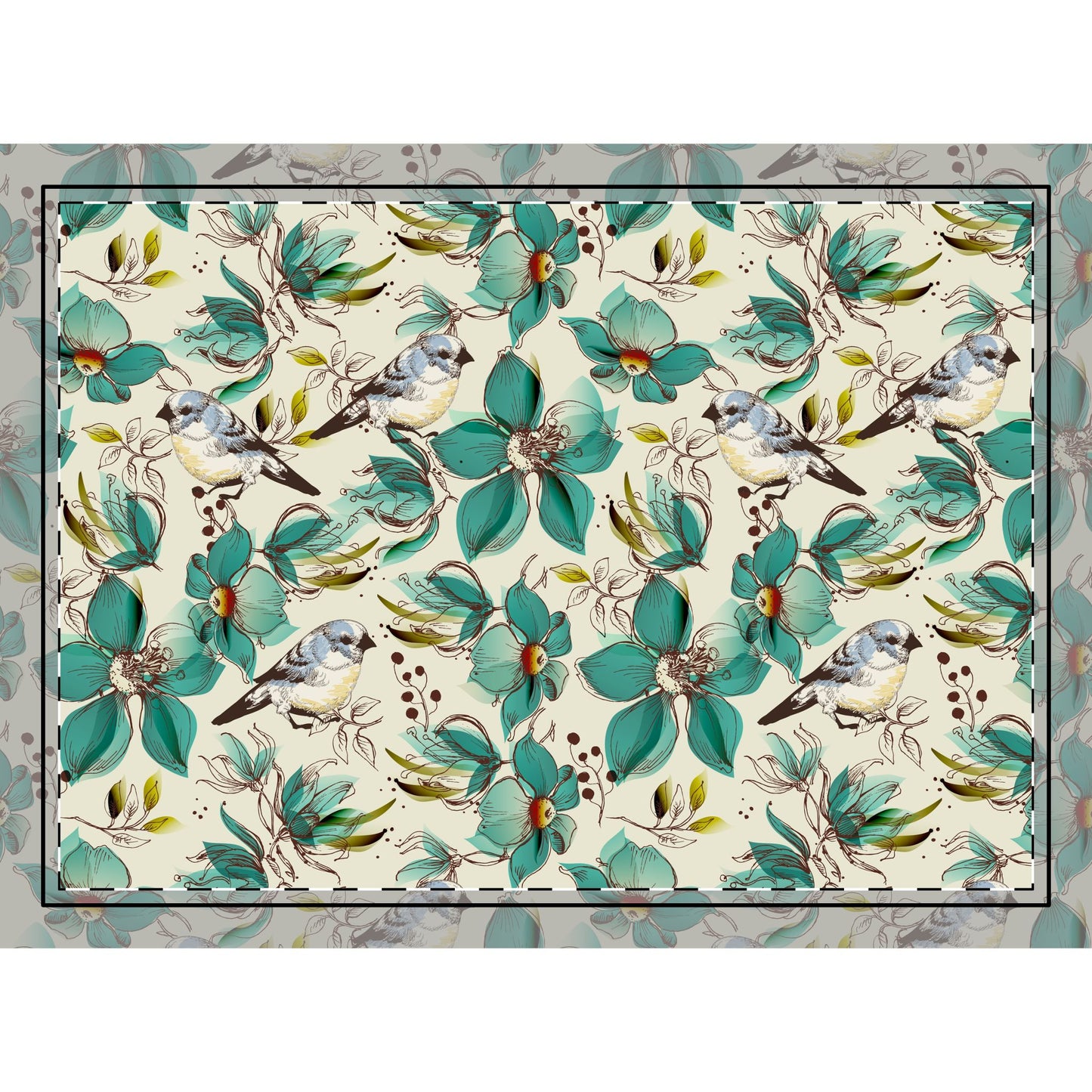 Bird & Teal Floral Rug — Botanical Accent Floor Rug with Blue Tit Birds