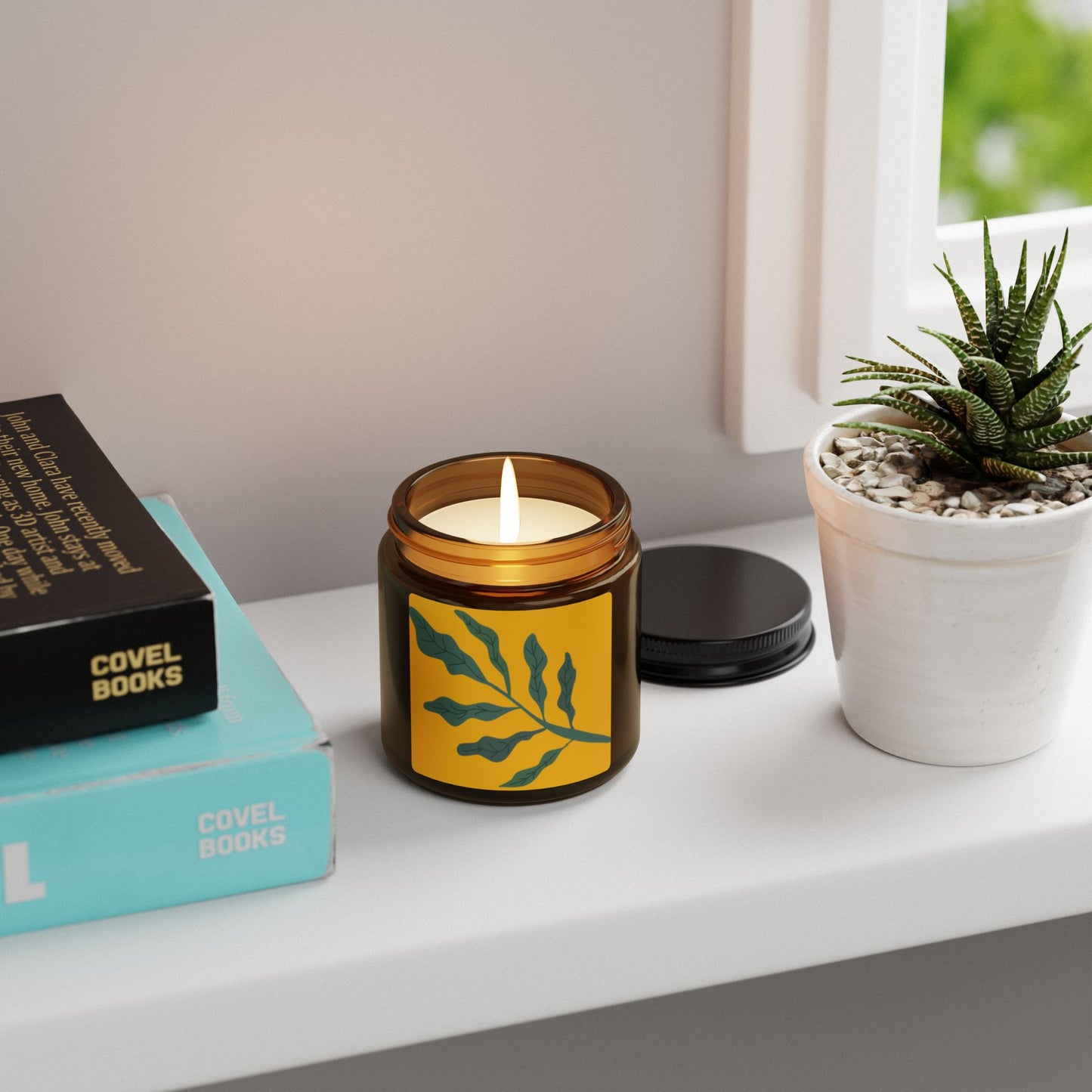 Botanical Soy Candle — Amber Jar Scented Candle with Green Leaf Design