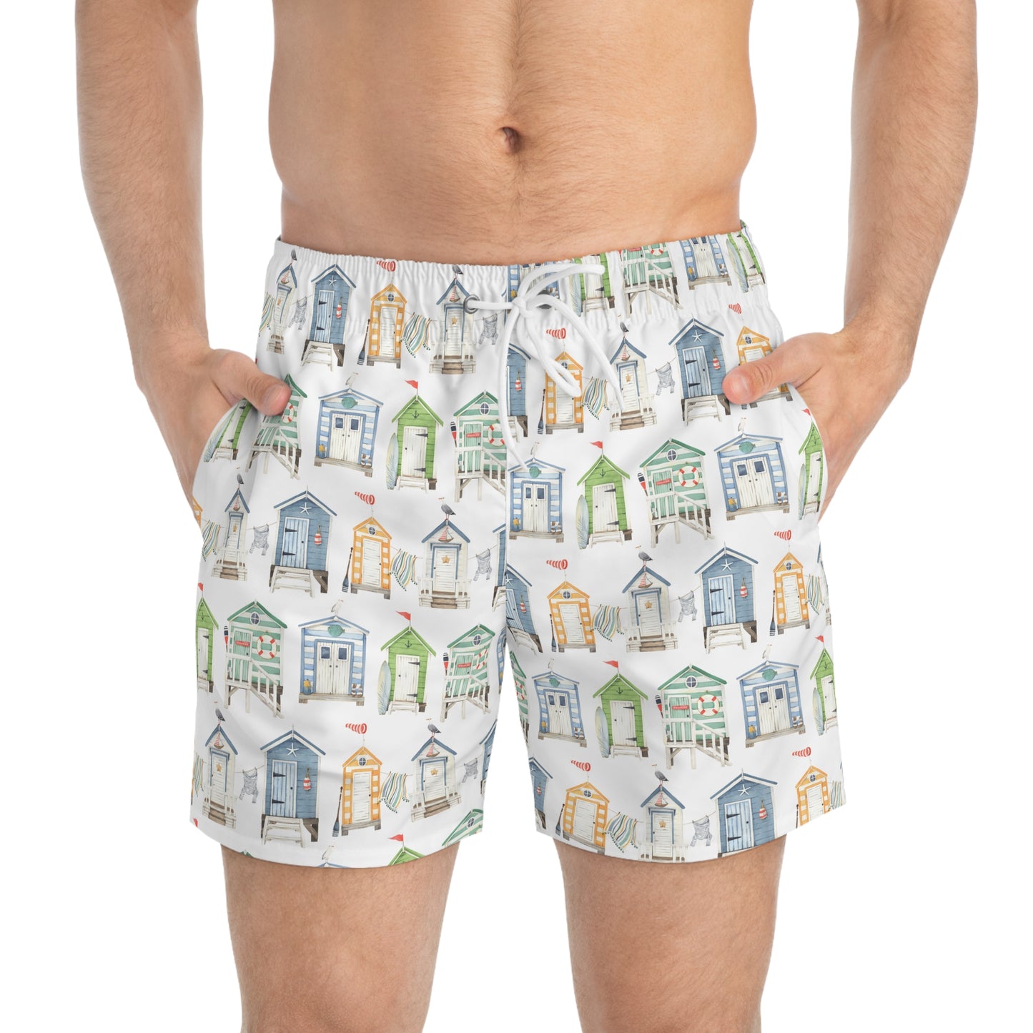 Beach Hut Pattern Swim Trunks — Watercolor Coastal Men's Swim Shorts