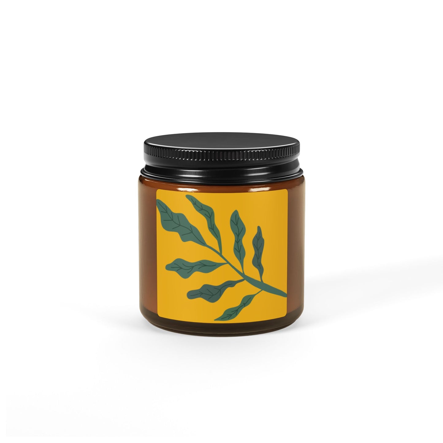 Botanical Soy Candle — Amber Jar Scented Candle with Green Leaf Design