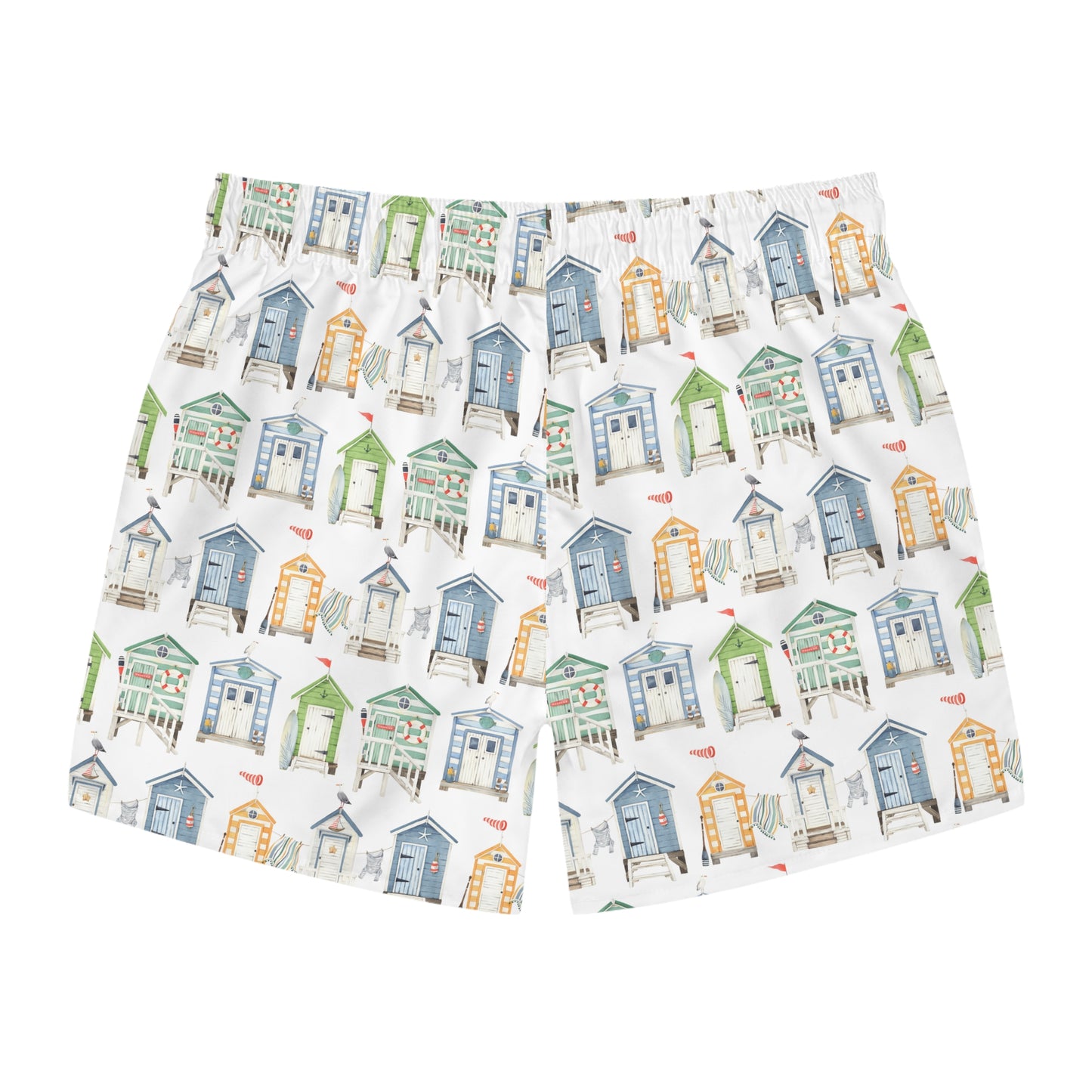 Beach Hut Pattern Swim Trunks — Watercolor Coastal Men's Swim Shorts