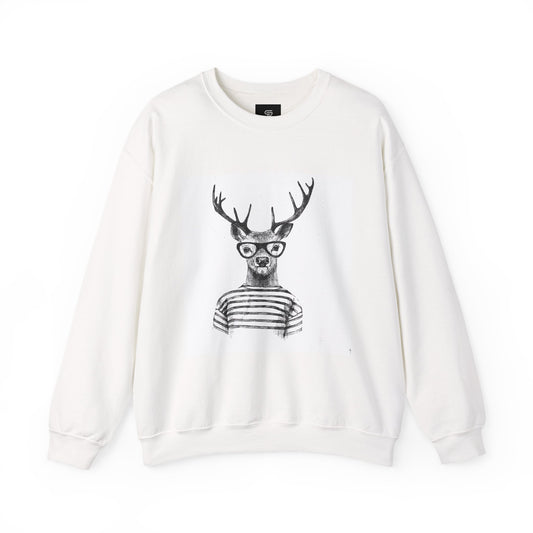 Deer with Glasses Crewneck Sweatshirt – Hipster Striped Deer Graphic