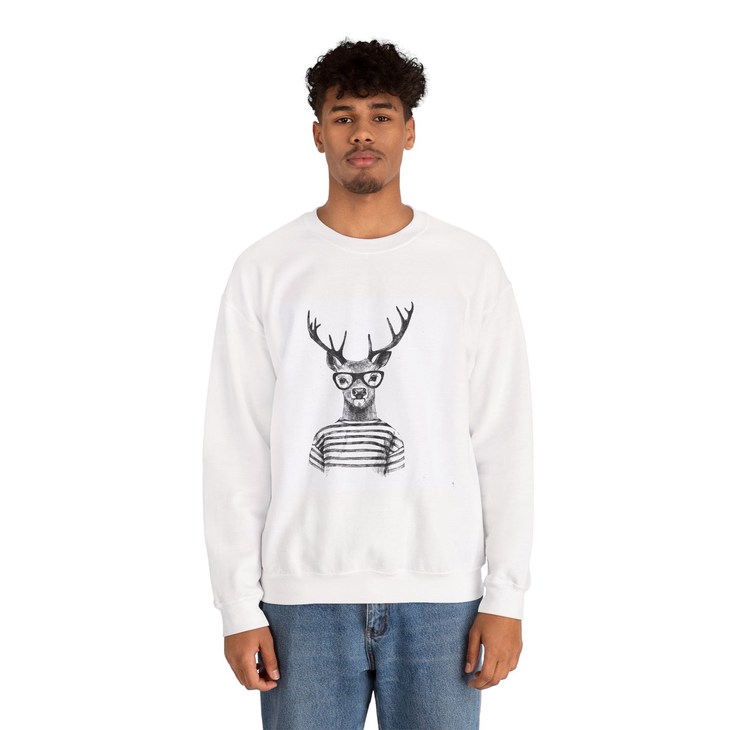 Deer with Glasses Crewneck Sweatshirt – Hipster Striped Deer Graphic