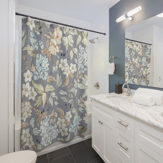 Vintage Floral Shower Curtain — Blue Gray Hydrangea & Dogwood Bathroom Decor