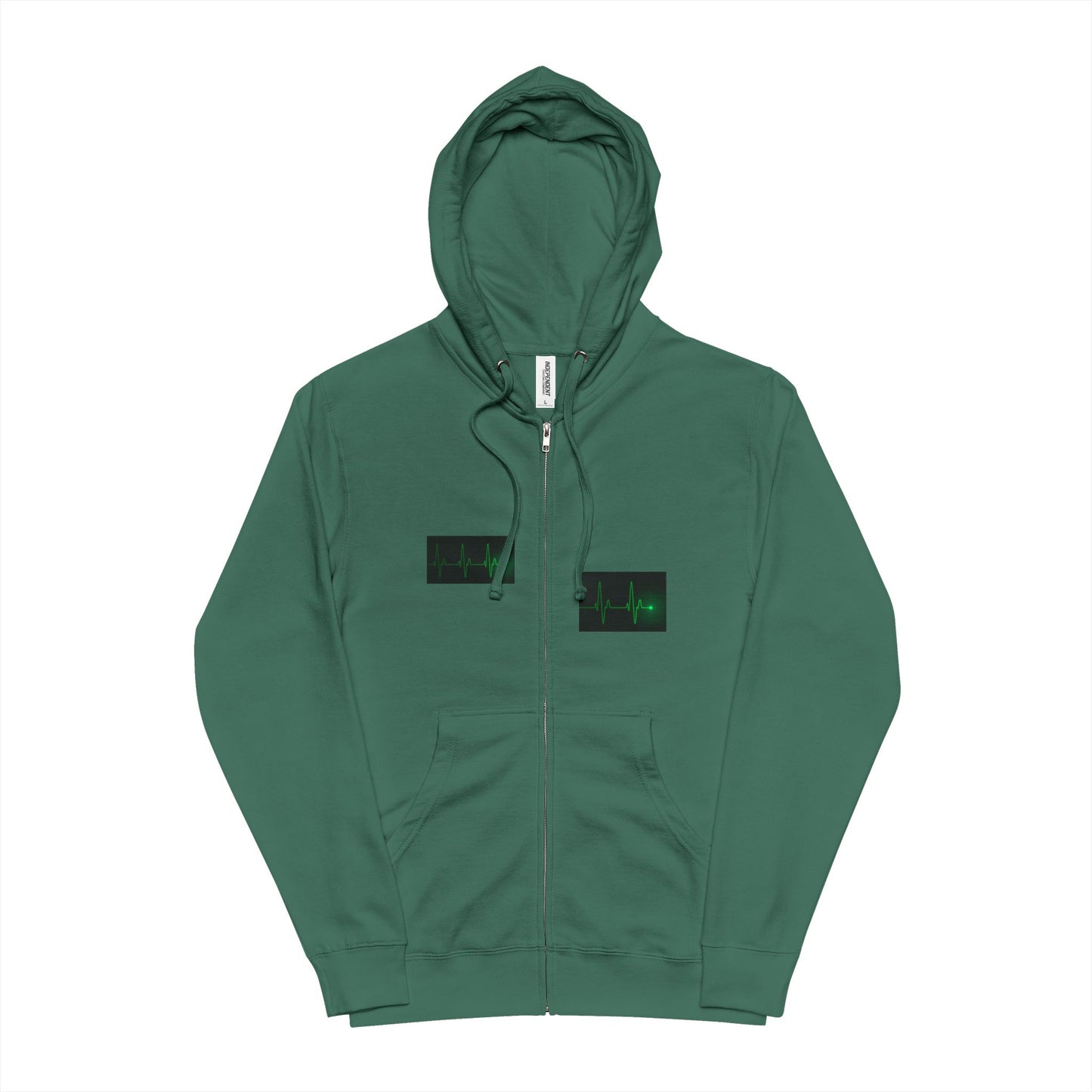 Green Minimalist Matrix Zip-Up Hoodie — Subtle Code Bar Graphic