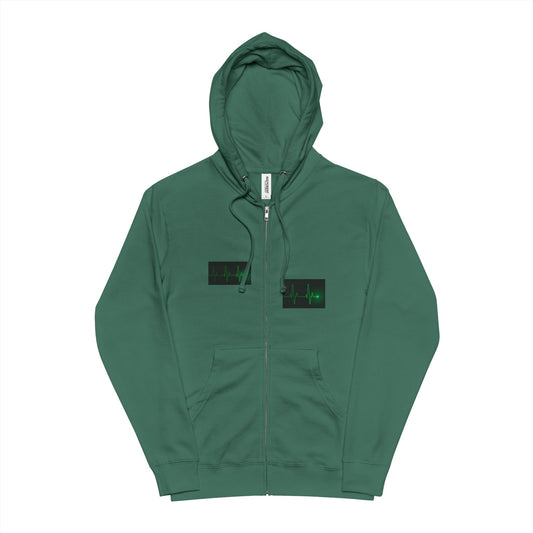 Green Minimalist Matrix Zip-Up Hoodie — Subtle Code Bar Graphic
