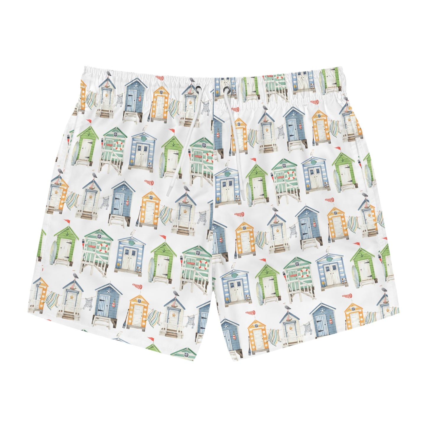 Beach Hut Pattern Swim Trunks — Watercolor Coastal Men's Swim Shorts