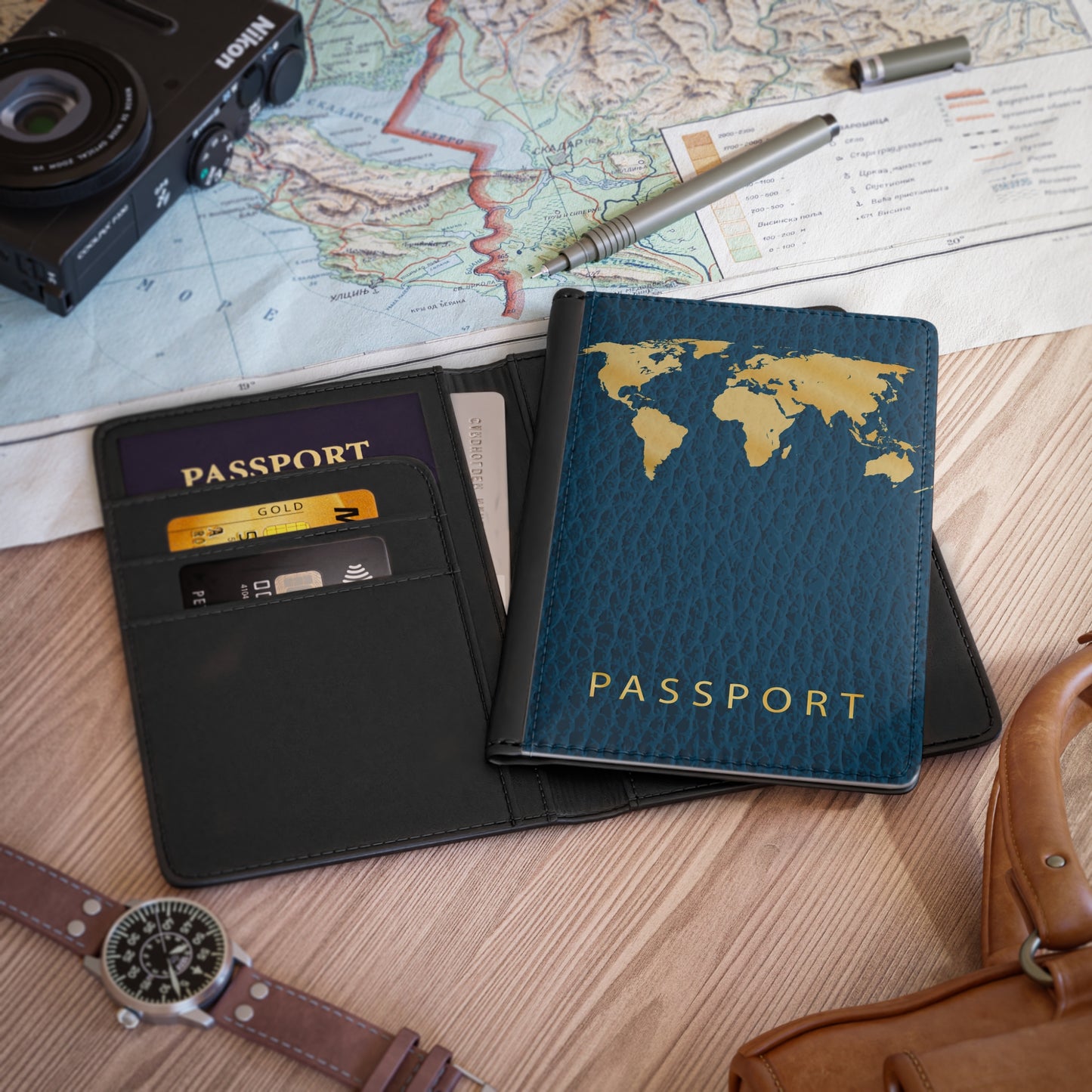 Passport Cover — Gold World Map Travel Passport Holder