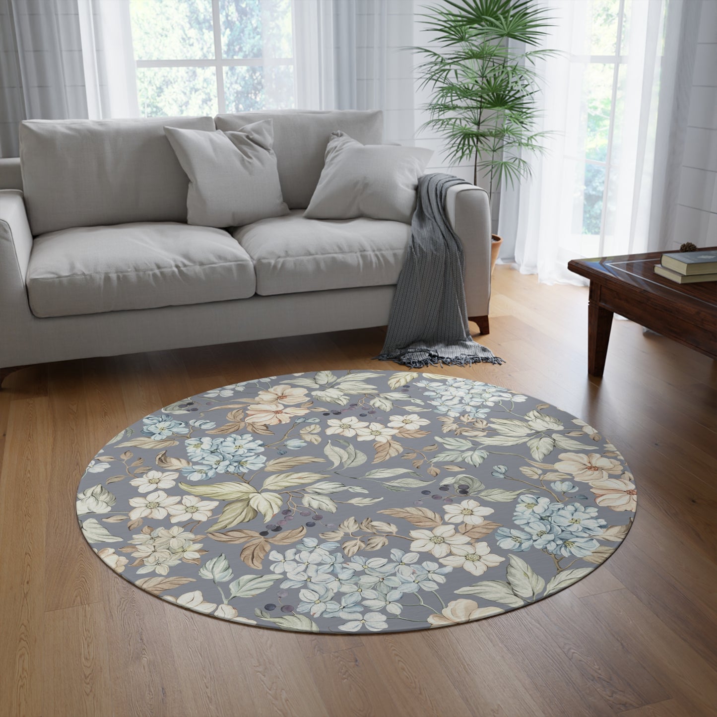 Vintage Floral Round Rug — Blue Grey Hydrangea Pattern