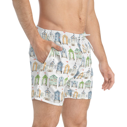 Beach Hut Pattern Swim Trunks — Watercolor Coastal Men's Swim Shorts
