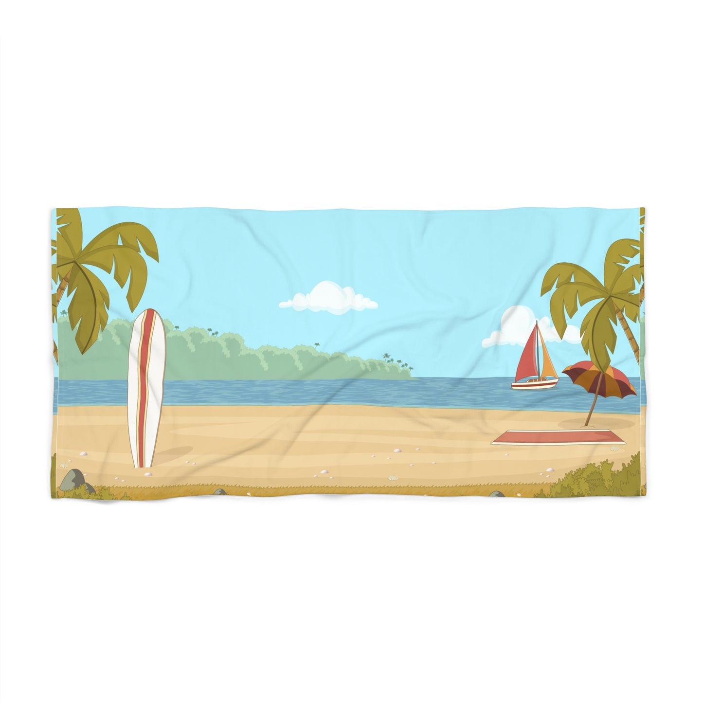 Tropical Surf Beach Towel — Vintage Palm & Surfboard Seaside Scene