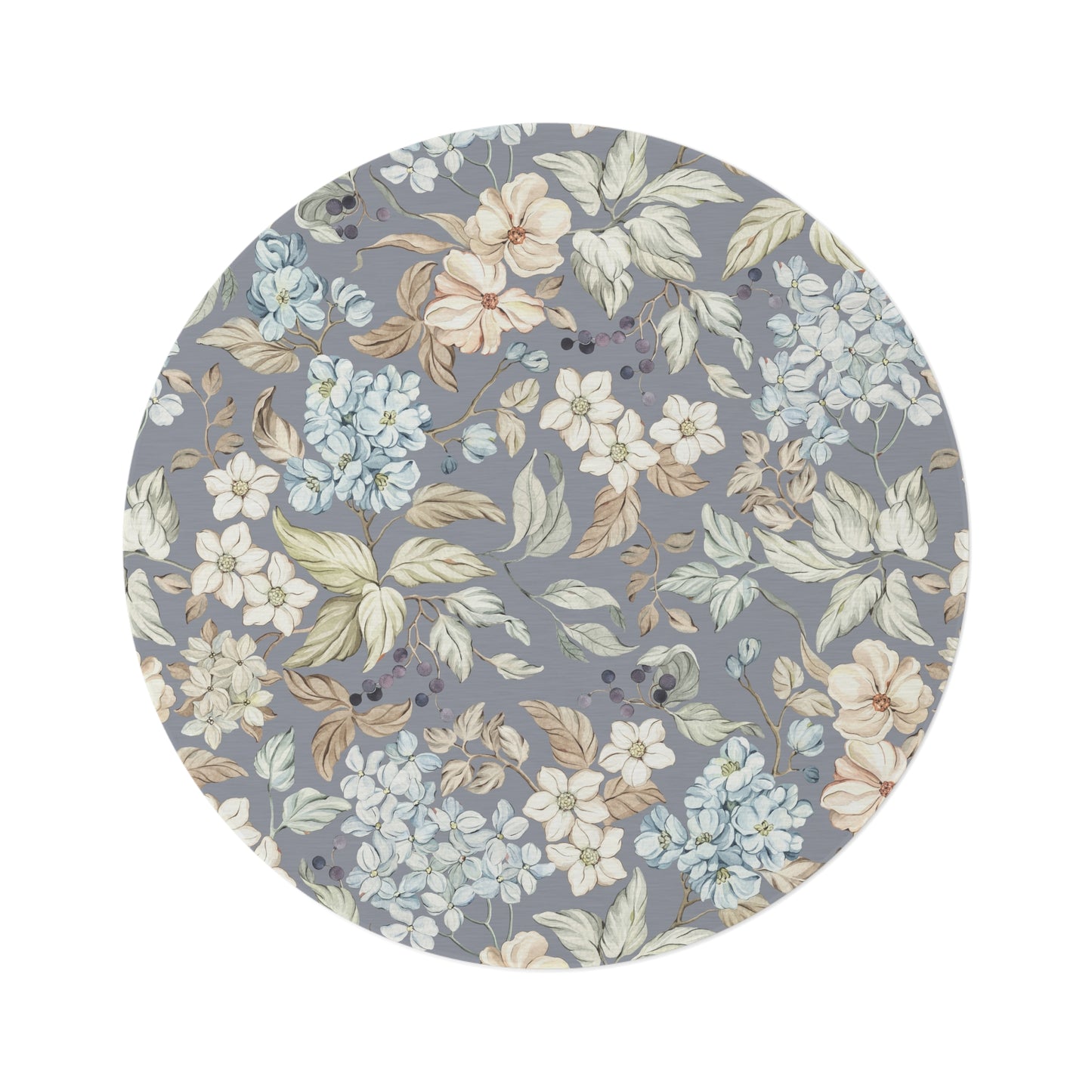 Vintage Floral Round Rug — Blue Grey Hydrangea Pattern