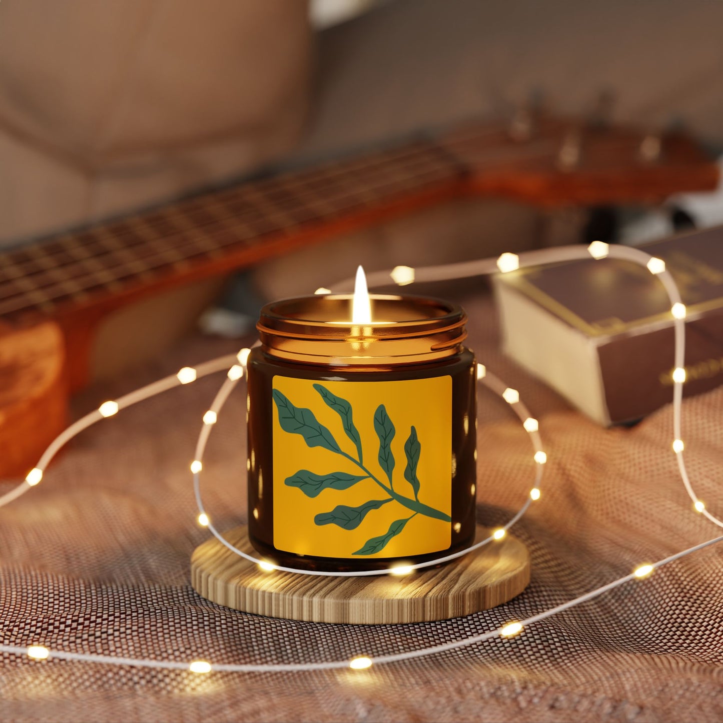 Botanical Soy Candle — Amber Jar Scented Candle with Green Leaf Design
